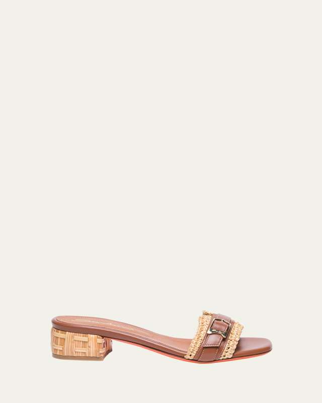 Vela Woven Raffia Leather Mule Sandals